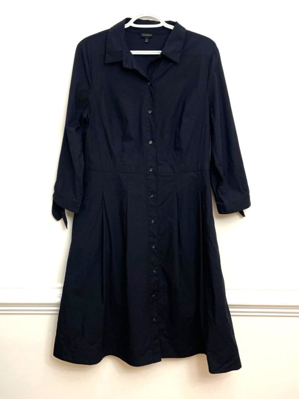 Talbots Poplin Shirt Dress Black Size 10 Tie Cuffs 3/4 Sleeves 100% Cotton